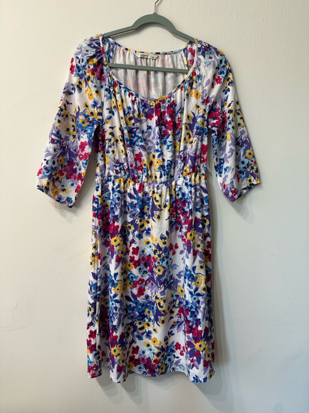 Old Navy Floral A-Line Knee Length Dress 3/4 Sleeve White Multicolor M